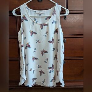 LOFT White Sleeveless Blouse with Butterfly & Floral Print